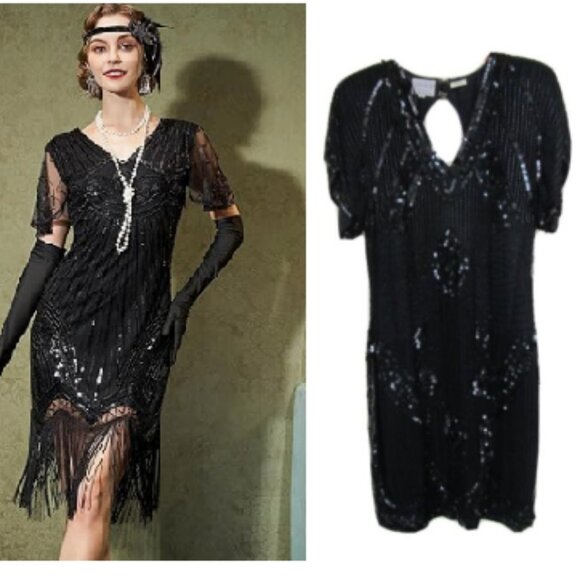 STENAY Vintage Art Deco Flapper Style Black Silk Sequins Dress - Picture 1 of 6